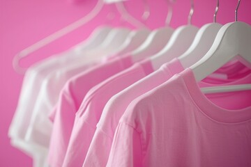 The close view of pink and white T-Shirts hanging - obrazy, fototapety, plakaty