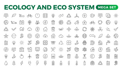 Ecology icon set. Ecofriendly icon, nature icons set. Linear ecology icons. Environmental sustainability simple symbol. Simple Set of  Line Icons.Global Warming, Forests, Organic Farming.