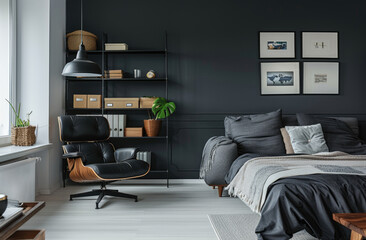 Black bedroom with bed, Eames chair and bookcase in the style of boho chic