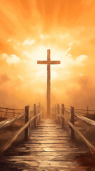 Against the holy backdrop of sky, the silhouette of cross serves as a bridge between man and God, embodying religious symbolism of Jesus Christ for Christian believers. religion, cross, god, bridge.