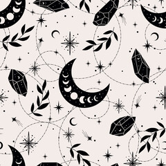 Vector magic seamless pattern with crystals, moon, plants and stars. Mystical esoteric background for design of fabric, packaging, astrology, phone case, wrapping paper. 
