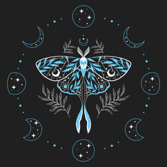 Blue butterfly vector illustration. Esoteric alchemy symbol. Design for poster, card, tattoo.