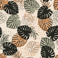 Abstract pattern with tropical leaves and abstract dots. Monstera pattern