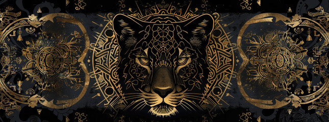 Black and gold card design with a panther, runes, intricate patterns, symmetrical composition
