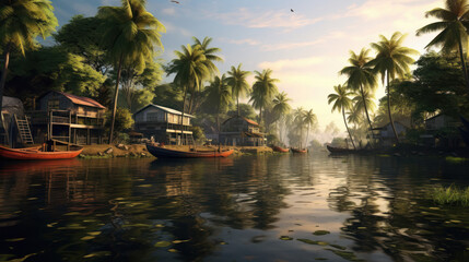 House boat in backwaters near palms
