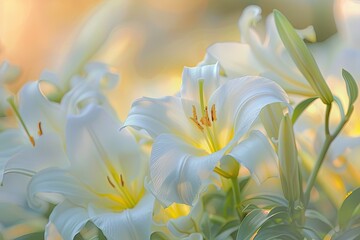 A close-up of elegant Easter lilies, their pure white petals and yellow anthers in sharp focus against a soft, blurred background of a sunrise service, symbolizing renewal and purity