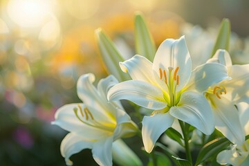 A close-up of elegant Easter lilies, their pure white petals and yellow anthers in sharp focus against a soft, blurred background of a sunrise service, symbolizing renewal and purity - obrazy, fototapety, plakaty