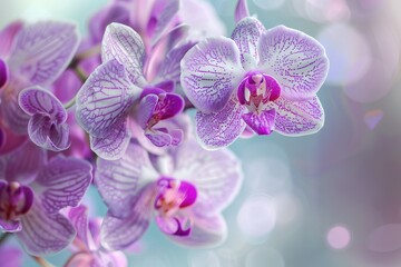 A close-up of Phalaenopsis orchids, vibrant purple and white petals, nestled in a serene spa setting. Soft, diffused lighting highlights the delicate textures of the petals