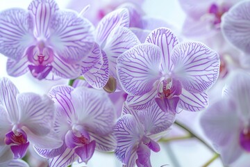 A close-up of Phalaenopsis orchids, vibrant purple and white petals, nestled in a serene spa setting. Soft, diffused lighting highlights the delicate textures of the petals
