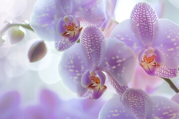A close-up of Phalaenopsis orchids, vibrant purple and white petals, nestled in a serene spa setting. Soft, diffused lighting highlights the delicate textures of the petals