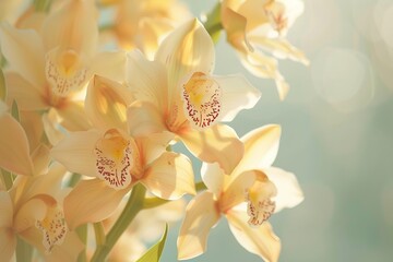A close-up of vibrant Cymbidium orchids, their delicate petals glowing with a soft light, set against a luxurious spa background