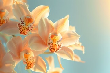 A close-up of vibrant Cymbidium orchids, their delicate petals glowing with a soft light, set against a luxurious spa background