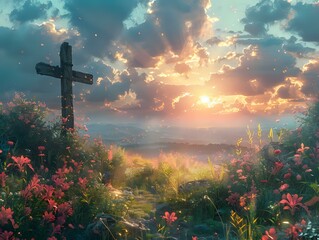 Sun-kissed Cross: A Peaceful Sunset with Soft Clouds