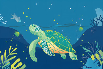World Oceans Day, Sea Turtle, To celebrate and raise awareness of the world's oceans Let's work together to conserve the sea, Flat design