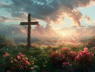 Sun-kissed Cross: A Peaceful Sunset with Soft Clouds