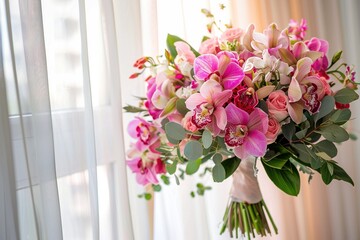 A lavish bridal bouquet featuring opulent Cattleya orchids, in a mix of soft pinks and bold fuchsias, against a minimalist, high-end bridal suite background