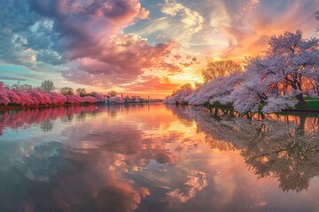 A landscape of a cherry blossom grove, full bloom, pink and white blossoms contrasted with the golden hues of sunset