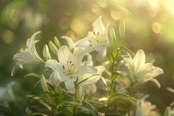 A photograph of elegant white lilies in a serene, sunlit garden setting, perfect for a wedding
