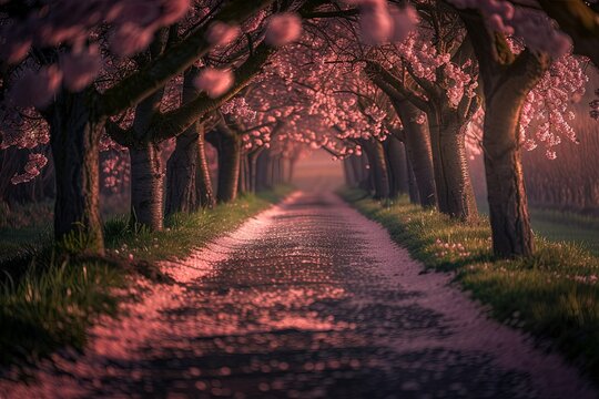 A pathway lined with cherry blossom trees, petals covering the ground, early morning with soft sunrise light casting long shadows