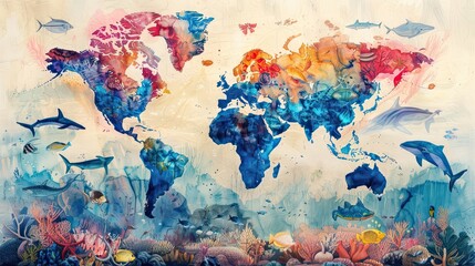 A watercolor painting of the world map with colorful fish and coral reefs.