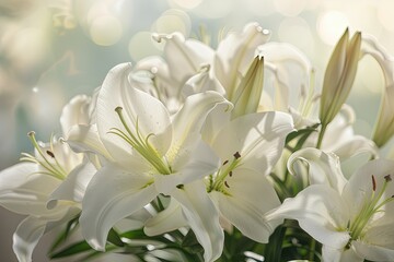 A solemn yet beautiful arrangement of white lilies at a funeral, conveying respect and remembrance