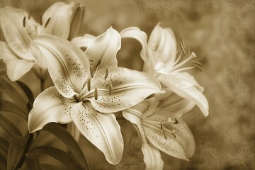 A vintage scene of Lilies, classic elegance with sepia tones, an old photograph feel from a formal occasion