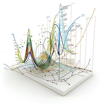 Detailed financial analysis with a complex graph displaying market trends, isolated on a white background with descriptive annotations