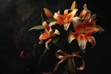 An elegant bouquet of Lilies, deep orange and white, tied with a silk ribbon, against a dark, moody funeral backdrop