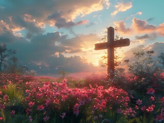 Sunlit Cross: A Tranquil Landscape with Ethereal Light