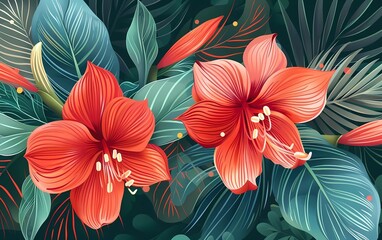 Beautiful hand drawn abstract background with amaryllis flowers and bright leaves.