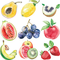 A delightful mix of watercolor fruits, bursting with color on a clean white background.