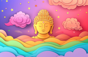 Fototapeta premium golden buddha and 3D paper cut art of a colorful sky with clouds and stars