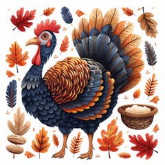A vibrantly colored turkey illustration surrounded by autumn leaves and a basket of harvest, symbolizing Thanksgiving celebration. - obrazy, fototapety, plakaty
