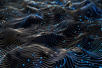 White lines with blue dots move along black waves. Abstract technology background symbolizing the movement of a large amounts of data
