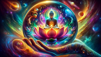 A colorful painting of a person holding a lotus flower in a sphere. The painting has a spiritual and calming mood