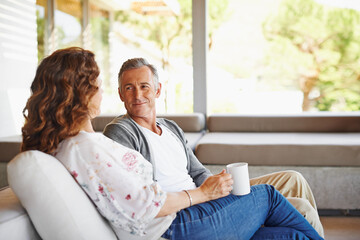 Listen, coffee or mature couple in home living room for conversation or communication in marriage....