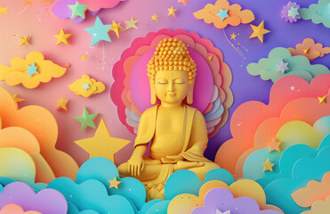 Naklejka premium golden buddha and 3D paper cut art of a colorful sky with clouds and stars