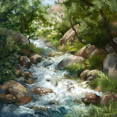 Flowing of water in the river , Natural Scene concept illustration. - obrazy, fototapety, plakaty