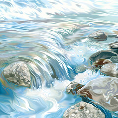 Illustration of flowing water gentle with rock on natural scene. - obrazy, fototapety, plakaty