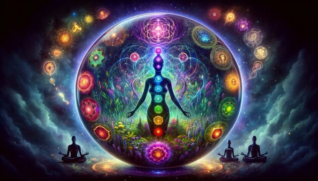 A woman is surrounded by a colorful sphere with many different colored circles