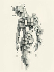 Geometric Human: Abstract Composition with Varying Cubes in Neutral Background - obrazy, fototapety, plakaty