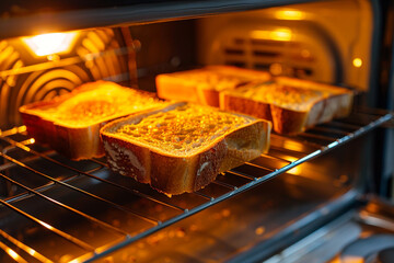 A modern toaster oven toasting golden brown slices of bread, emitting a warm glow from its interior.