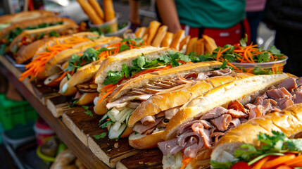 A mouthwatering display of freshly made Vietnamese banh mi sandwiches, piled high with sliced meats, pickled vegetables, and fresh herbs, served from a street food stall