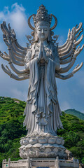 Obraz premium Glorious Guanyin: Majestic Chinese Statue with Divine Light and Serene Mountain Background