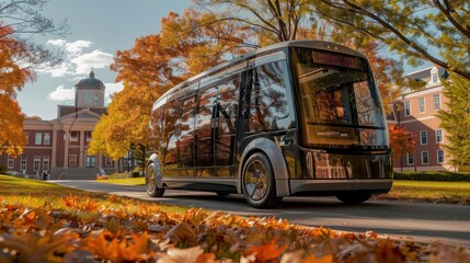Future electric vehicle public passenger bus, running on a shady urban street with trees.