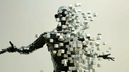 Cubist Humanoid: Abstract Composition of Geometric Cubes with Neutral Background