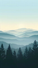 Misty Morning Harmony: Sunrise over Serene Forest - Flat Vector Illustration