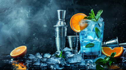 A glass of blue liquid with ice and a slice of orange on the side. The glass is on a table with a silver shaker and a silver cup - obrazy, fototapety, plakaty