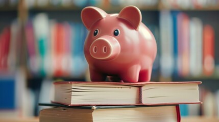 A piggy bank sitting on a stack of textbooks, symbolizing education savings