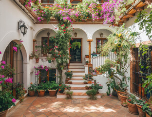 an Andalusian house in Malaga with white walls, wooden windows and arches decorated with flowers. The courtyard has stairs leading to the entrance door surrounded by greenery